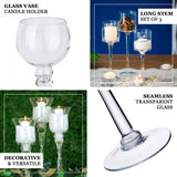 Set of 3 | Clear Long Stem Globe Glass Vase Candle Holder Set