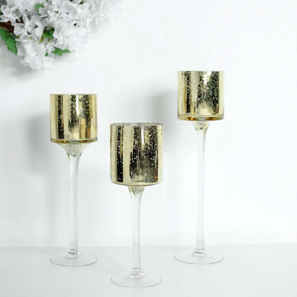 Set Of 3 Gold Long Stem Mercury Glass Cylinder Vase, Candle Holder