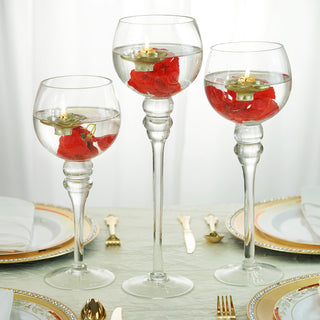 Create a Stunning Display with our Clear Long Stem Globe Glass Vase Candle Holder Set