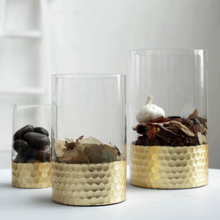 Elegant Clear Glass Cylinder Vases with Gold Honeycomb Base Elegant Clear Glass Cylinder Vases with Gold Honeycomb Base