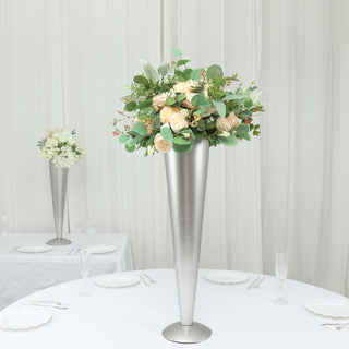 Elegant 24" Tall Brushed Silver Metal Trumpet Flower Vase