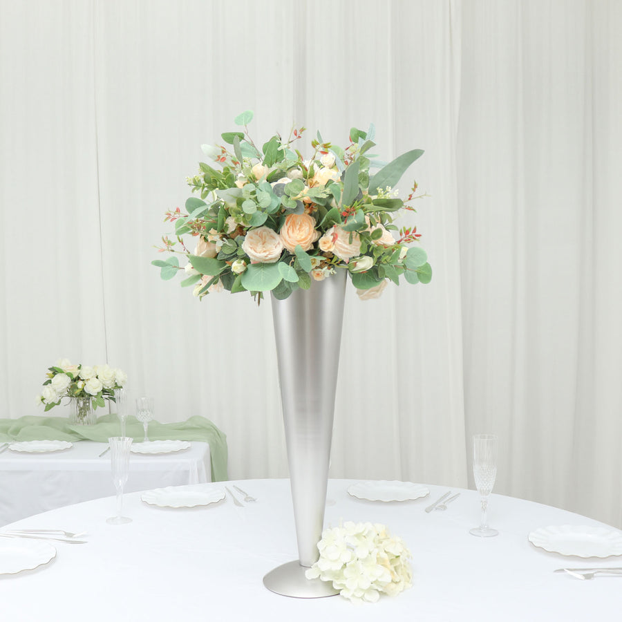 28Inch Tall Brushed Silver Metal Trumpet Flower Vase Wedding Centerpiece