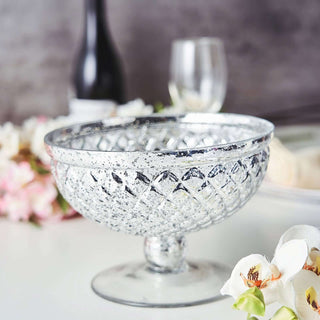 Decorative silver glass bowl with diamond pattern and pedestal base.
