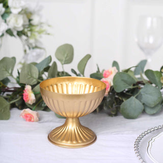 Add Elegance to Your Event Decor with the 2 Pack | 4" Gold Metal Ribbed Bowl Style Flower Table Pedestal Vase