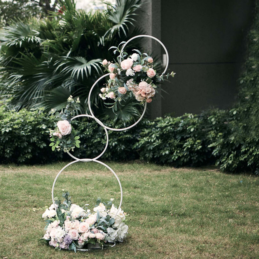 5Ft | 4-Tiered White Hoop Pillar Flower Stand, Metal Wedding Arch Table Centerpiece - Hoop Wreath