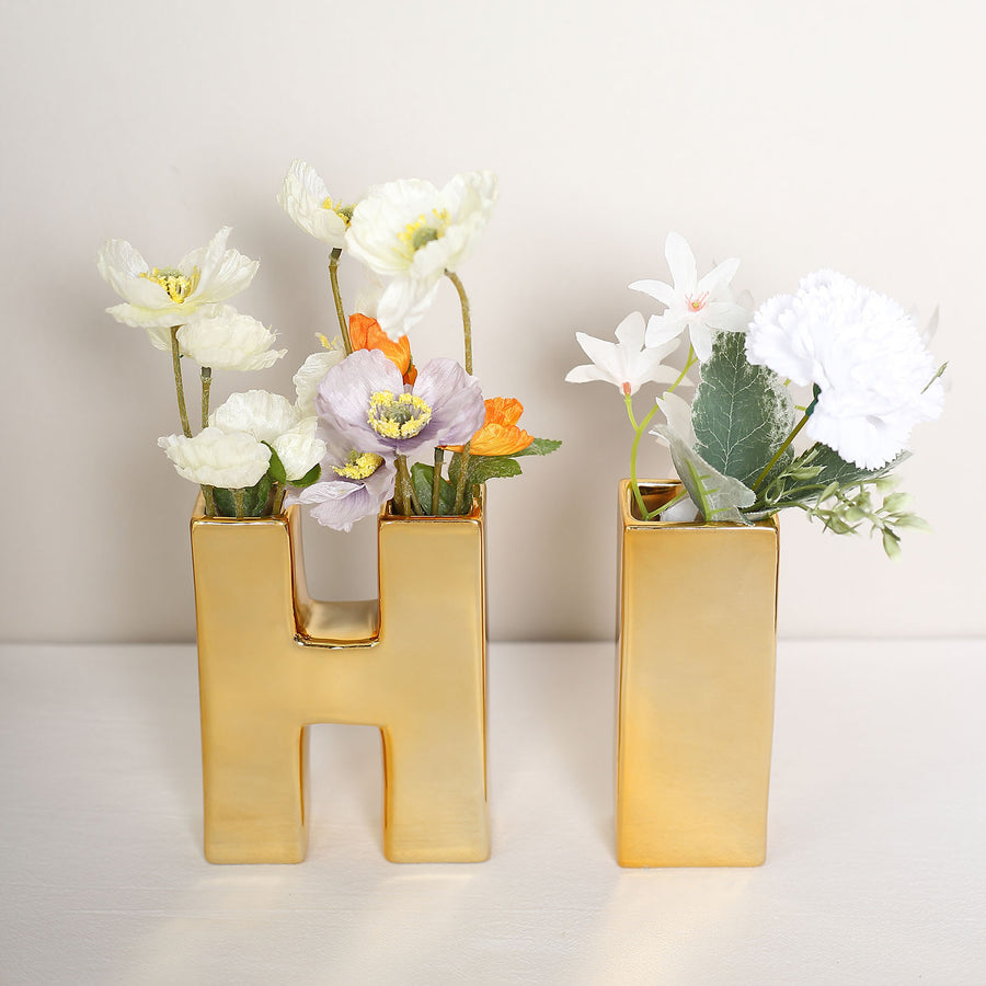 6inch Shiny Gold Plated Ceramic Letter "E" Sculpture Bud Vase, Flower Planter Pot Table Centerpiece