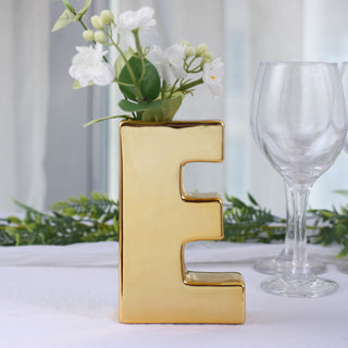 Add a Touch of Glamour with the Shiny Gold Plated Ceramic Letter E Bud Vase