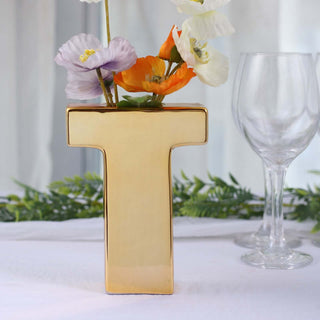 Add a Touch of Glamour with the Shiny Gold Plated Ceramic Letter "T" Sculpture Bud Vase Add a Touch of Glamour with the Shiny Gold Plated Ceramic Letter "T" Sculpture Bud Vase