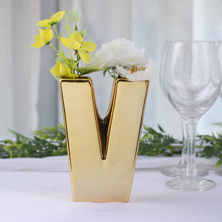 Add a Touch of Glamour to Your Decor with the Shiny Gold Plated Ceramic Letter V Bud Vase