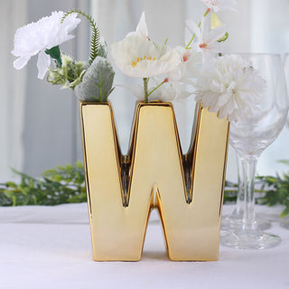 Add a Touch of Luxury with the Shiny Gold Plated Ceramic Letter 'W' Sculpture Bud Vase