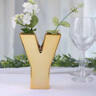 Add Elegance to Your Event Decor with the Shiny Gold Plated Ceramic Letter Y Bud Vase