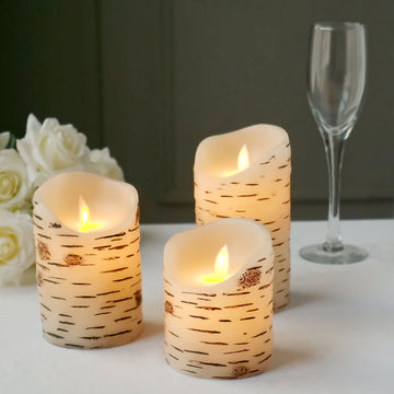 Set of 3 Warm White Birch Bark Design Battery Operated Pillar Candles, Flameless Flicker Fireplace LED Candles With Remote Control