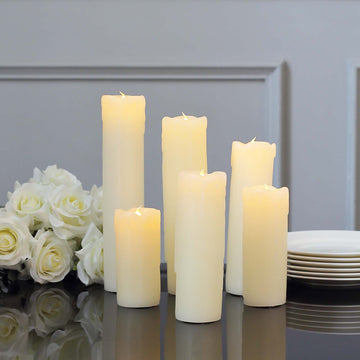 Set of 6 Warm White Flameless Flicker Battery Operated Pillar Candles, Dripping Wax Luminaria Holiday Candles