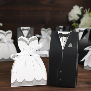 50 Pcs Set Wedding Dress and Tuxedo Shower Party Favor Candy Gift Boxes with Ribbon Ties