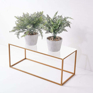 Gold metal coffee table with two potted plants on a white surface.