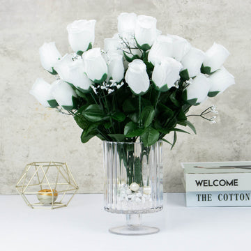 12 Bushes White Artificial Premium Silk Flower Rose Bud Bouquets