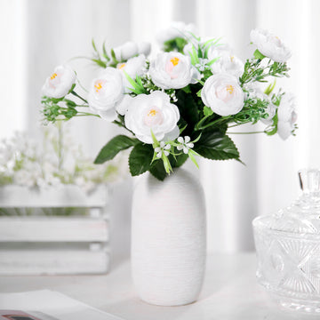 4 Bushes White Artificial Silk Peony Flower Bouquet Arrangement