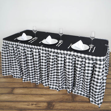 14ft White Black Buffalo Plaid Gingham Table Skirt, Checkered Polyester Table Skirt