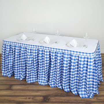 14ft White Blue Buffalo Plaid Gingham Table Skirt, Checkered Polyester Table Skirt