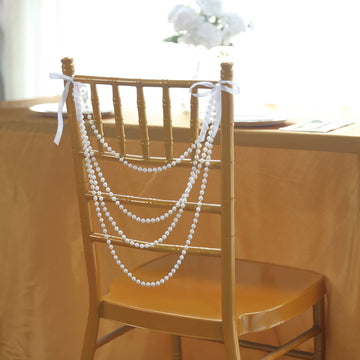 16" White Faux Pearl Beaded Chiavari Chair Back Garland Sash, Pre-Tied Pearl String Wedding Chair Decor