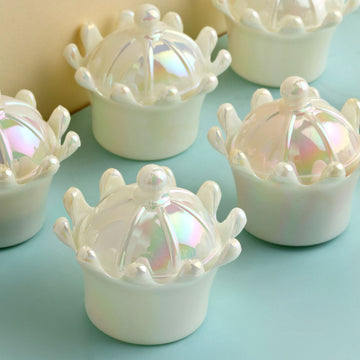 12 Pack 3" White Fillable Mini Crown Treat Favor Boxes, Small Candy Container Gift Boxes With Iridescent Dome Lids