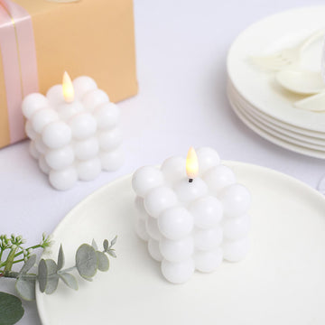 2 Pack 2" White Flameless Flickering LED Bubble Candles, Warm White Battery Operated Real Wax Cube Candles