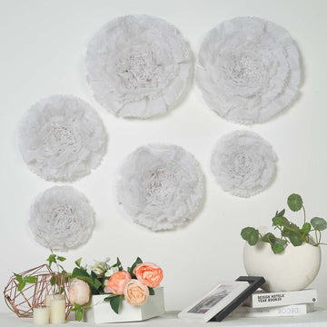 Set of 6 White Giant Carnation 3D Paper Flowers Wall Decor - 12",16",20"
