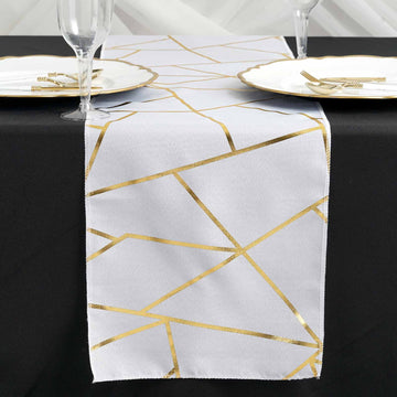 9ft White Gold Foil Geometric Pattern Polyester Table Runner