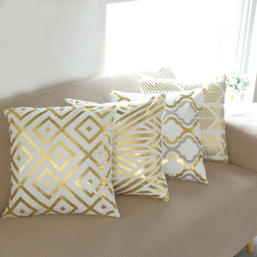 Set Of 4 18" White Gold Foil Geometric Print Throw Pillow Covers, Velvet Square Sofa Cushion Covers