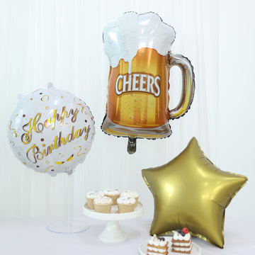 Set of 5 White Gold Round Happy Birthday Mylar Foil Helium Balloon Set, Cheers Beer Mug, Star Balloon Bouquet With Ribbon Birthday Party Decorations