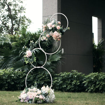 5ft 4-Tiered White Hoop Pillar Flower Stand, Metal Wedding Arch Table Centerpiece - Hoop Wreath