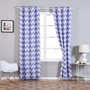2 Pack White Lavender Lilac Chevron Print Thermal Room Darkening Blackout Window Curtain Panels With Chrome Grommet - 52"x96"