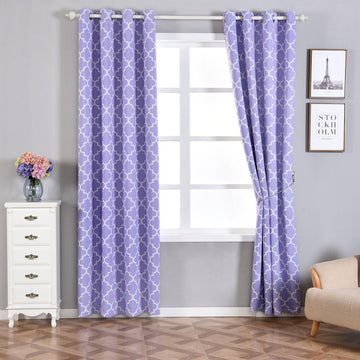 2 Pack White Lavender Lilac Lattice Print Thermal Blackout Curtains With Chrome Grommet Window Treatment Panels - 52"x108" Clearance SALE