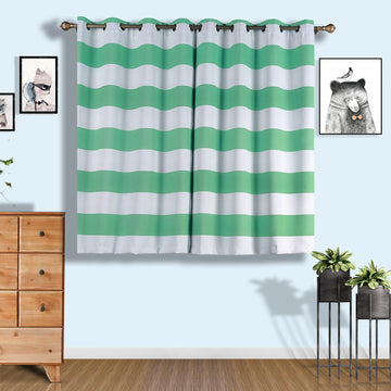 2 Pack White Mint Cabana Stripe Thermal Blackout Window Curtain Grommet Panels, Noise Canceling Curtains - 52"x64"