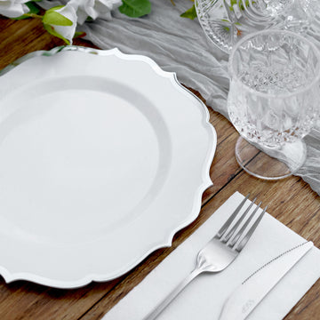 10 Pack 10" White Plastic Dinner Plates Disposable Tableware Round With Silver Scalloped Rim