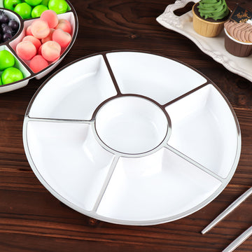 4 Pack 12" White Plastic Serving Trays, Disposable Food Trays 6-Compartment With Silver Rim - Round
