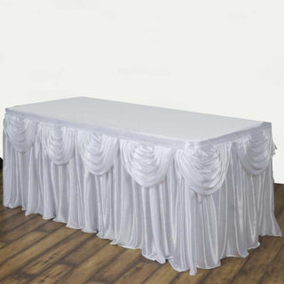 Elevate Your Event with the 14ft White Pleated Satin Double Drape Table Skirt Elevate Your Event with the 14ft White Pleated Satin Double Drape Table Skirt