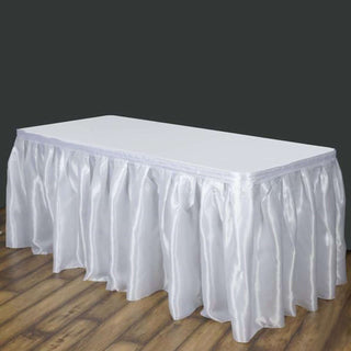 Elevate Your Event with the 14ft White Pleated Satin Table Skirt Elevate Your Event with the 14ft White Pleated Satin Table Skirt
