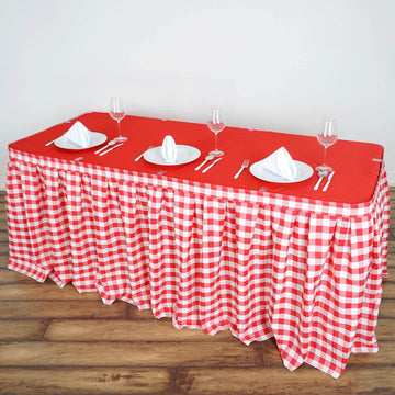 14ft White Red Buffalo Plaid Gingham Table Skirt, Checkered Polyester Table Skirt