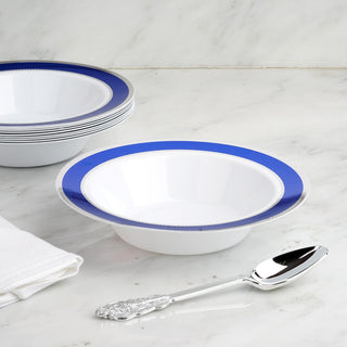 Elegant White Round Disposable Plastic Soup Bowl with Royal Blue and Silver Rim