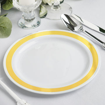 10 Pack White 7" Round Gold and Silver Rim Plastic Dessert Plates, Disposable Appetizer Salad Plates