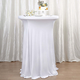 White Round Spandex Cocktail Table Cover: Add Elegance to Your Event White Round Spandex Cocktail Table Cover: Add Elegance to Your Event