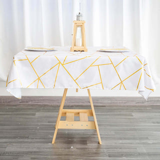 Elegant White Polyester Square Tablecloth with Gold Foil Geometric Pattern Elegant White Polyester Square Tablecloth with Gold Foil Geometric Pattern