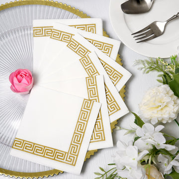20 Pack White Soft Linen-Like Airlaid Paper Cocktail Napkins With Gold Greek Key Design - 5"x5"