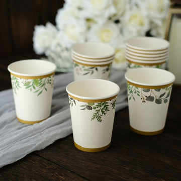 24 Pack 9oz White Tropical Greenery Gold Trim Party Paper Cups, Eucalyptus Disposable Cups With Gold Rim - 250 GSM
