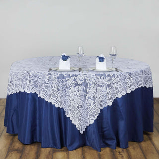 Elevate Your Event with the White Victorian Lace Square Table Overlay