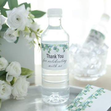 24 Pack White and Green Leaves Thank You Party Water Bottle Labels, Waterproof Label Stickers