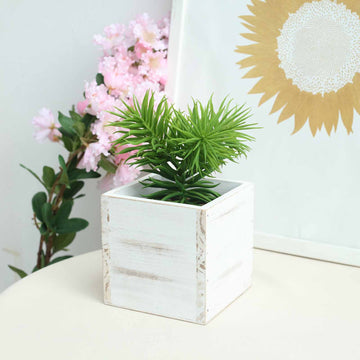 2 Pack 5" Whitewash Square Wood Planter Box Set With Removable Plastic Liners