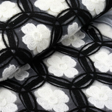 54"x4 Yards Black White Flower Embellished Tulle Fabric Bolt, DIY Craft Fabric Roll