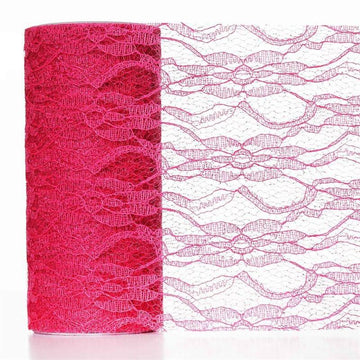6"X10 Yards Fuchsia Floral Lace Shimmer Glitter Tulle Fabric Bolt